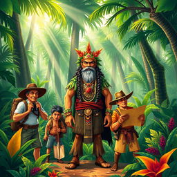 A vibrant scene in a dense jungle depicting a jungle king standing confidently in the center, surrounded by three treasure hunters