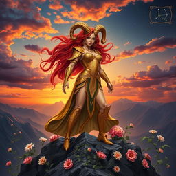 A dynamic depiction of the Aries goddess, characterized by her fierce and bold nature