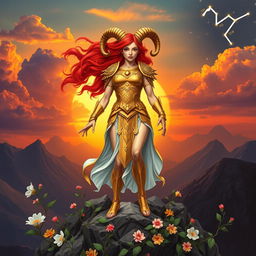 A dynamic depiction of the Aries goddess, characterized by her fierce and bold nature