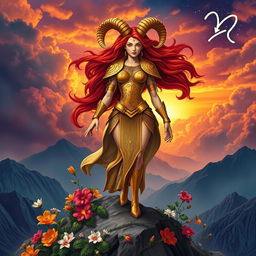 A dynamic depiction of the Aries goddess, characterized by her fierce and bold nature