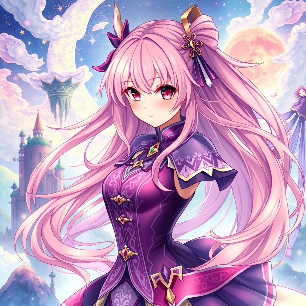 A striking light novel cover in the Genshin Impact art style, featuring a captivating female character with long, flowing pink hair and bright red eyes