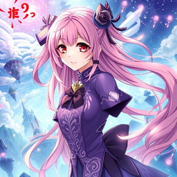 A striking light novel cover in the Genshin Impact art style, featuring a captivating female character with long, flowing pink hair and bright red eyes
