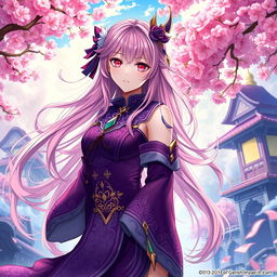 A stunning light novel cover in the art style of Genshin Impact featuring a beautiful female character with flowing long pink hair and striking red eyes