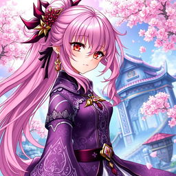 A stunning light novel cover in the art style of Genshin Impact featuring a beautiful female character with flowing long pink hair and striking red eyes