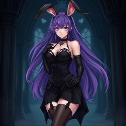 A sexy gothic anime bunny girl featuring long, flowing purple hair that adds a mystical allure