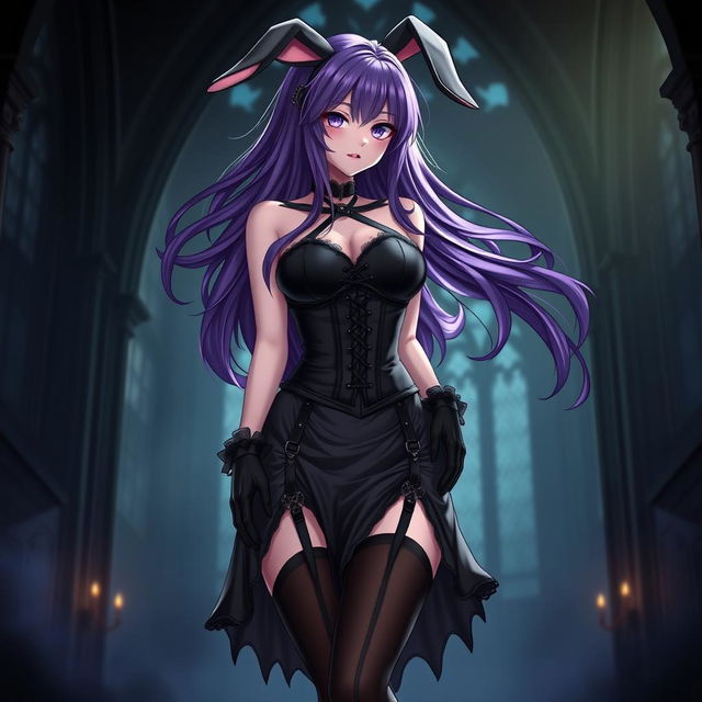 A sexy gothic anime bunny girl featuring long, flowing purple hair that adds a mystical allure