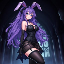 A sexy gothic anime bunny girl featuring long, flowing purple hair that adds a mystical allure