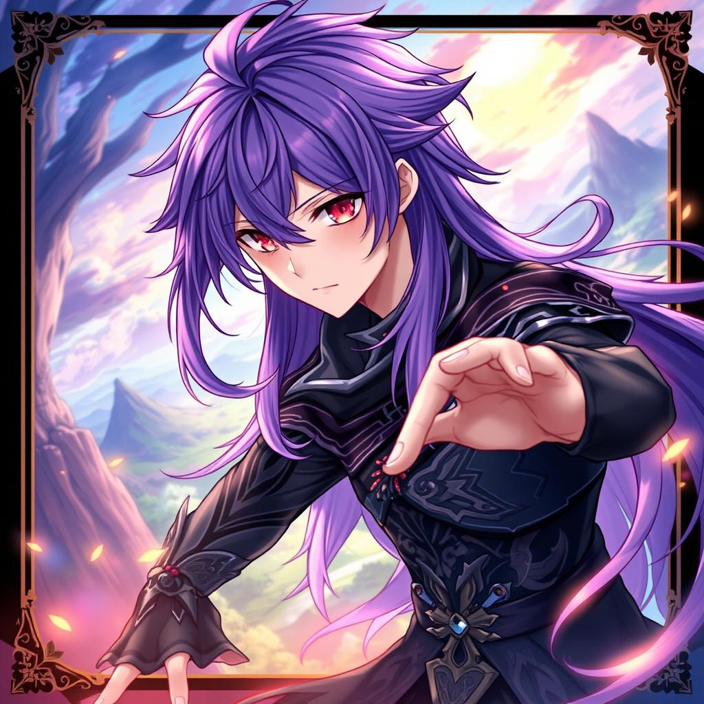 A captivating light novel cover inspired by the Genshin Impact art style, featuring a male character with long, shaggy purple hair and piercing red eyes