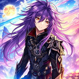A captivating light novel cover inspired by the Genshin Impact art style, featuring a male character with long, shaggy purple hair and piercing red eyes