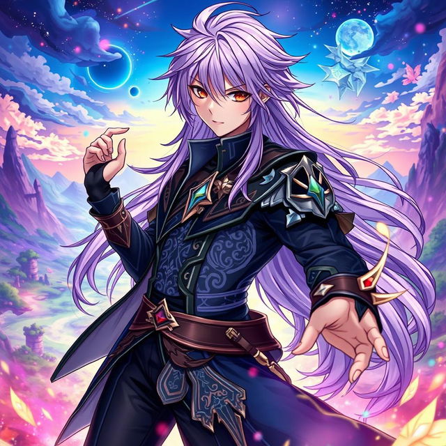 A captivating light novel cover inspired by the Genshin Impact art style, featuring a male character with long, shaggy purple hair and piercing red eyes