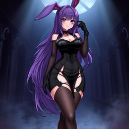 A sexy gothic anime bunny girl with long, captivating purple hair that cascades elegantly