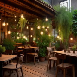 A cozy cafe restaurant situated in a 10 by 20 yard area, furnished with rustic wooden tables and chairs, featuring warm ambient lighting and an assortment of indoor plants.