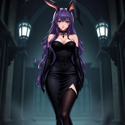 A sexy gothic anime bunny girl with long, captivating purple hair that cascades elegantly