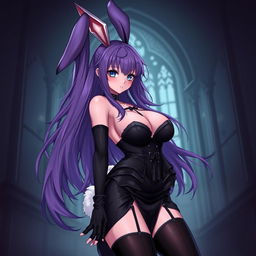 A sexy gothic anime bunny girl with long, captivating purple hair that cascades elegantly
