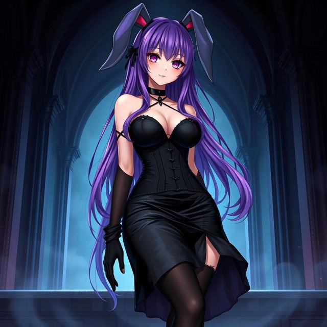 A sexy gothic anime bunny girl with long, captivating purple hair that cascades elegantly