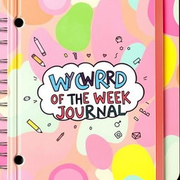 A vibrant and colorful journal cover featuring the title in the center: 'MY WORD OF THE WEEK JOURNAL' written in playful bubble art style