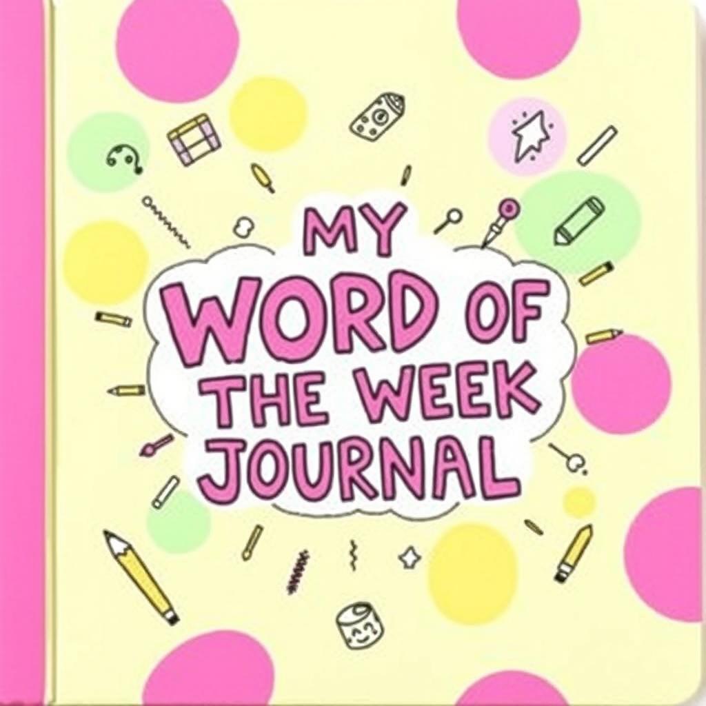 A vibrant and colorful journal cover featuring the title in the center: 'MY WORD OF THE WEEK JOURNAL' written in playful bubble art style