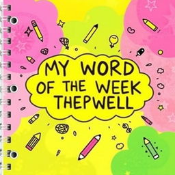 A vibrant and colorful journal cover featuring the title in the center: 'MY WORD OF THE WEEK JOURNAL' written in playful bubble art style