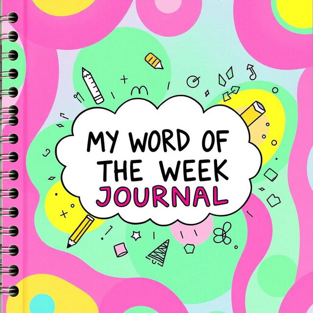 A vibrant and colorful journal cover featuring the title in the center: 'MY WORD OF THE WEEK JOURNAL' written in playful bubble art style