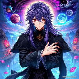 A captivating light novel cover in the Genshin Impact art style, featuring a male character with long, shaggy purple hair and striking red eyes