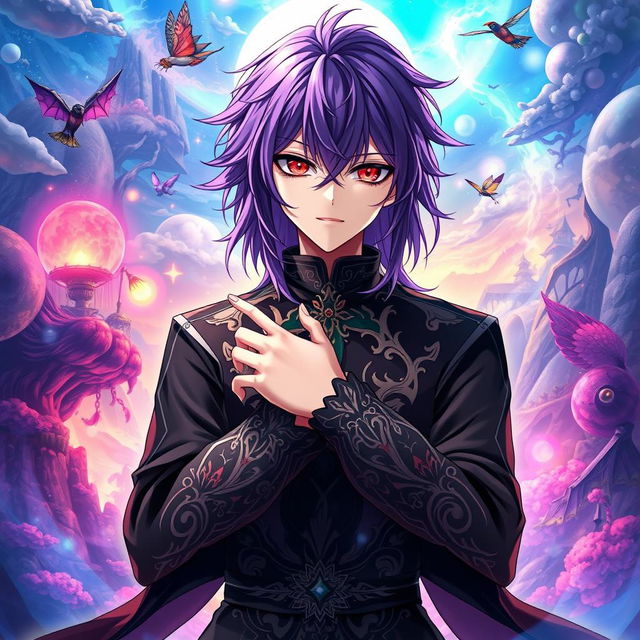 A captivating light novel cover in the Genshin Impact art style, featuring a male character with long, shaggy purple hair and striking red eyes