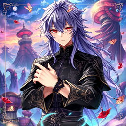 A captivating light novel cover in the Genshin Impact art style, featuring a male character with long, shaggy purple hair and striking red eyes
