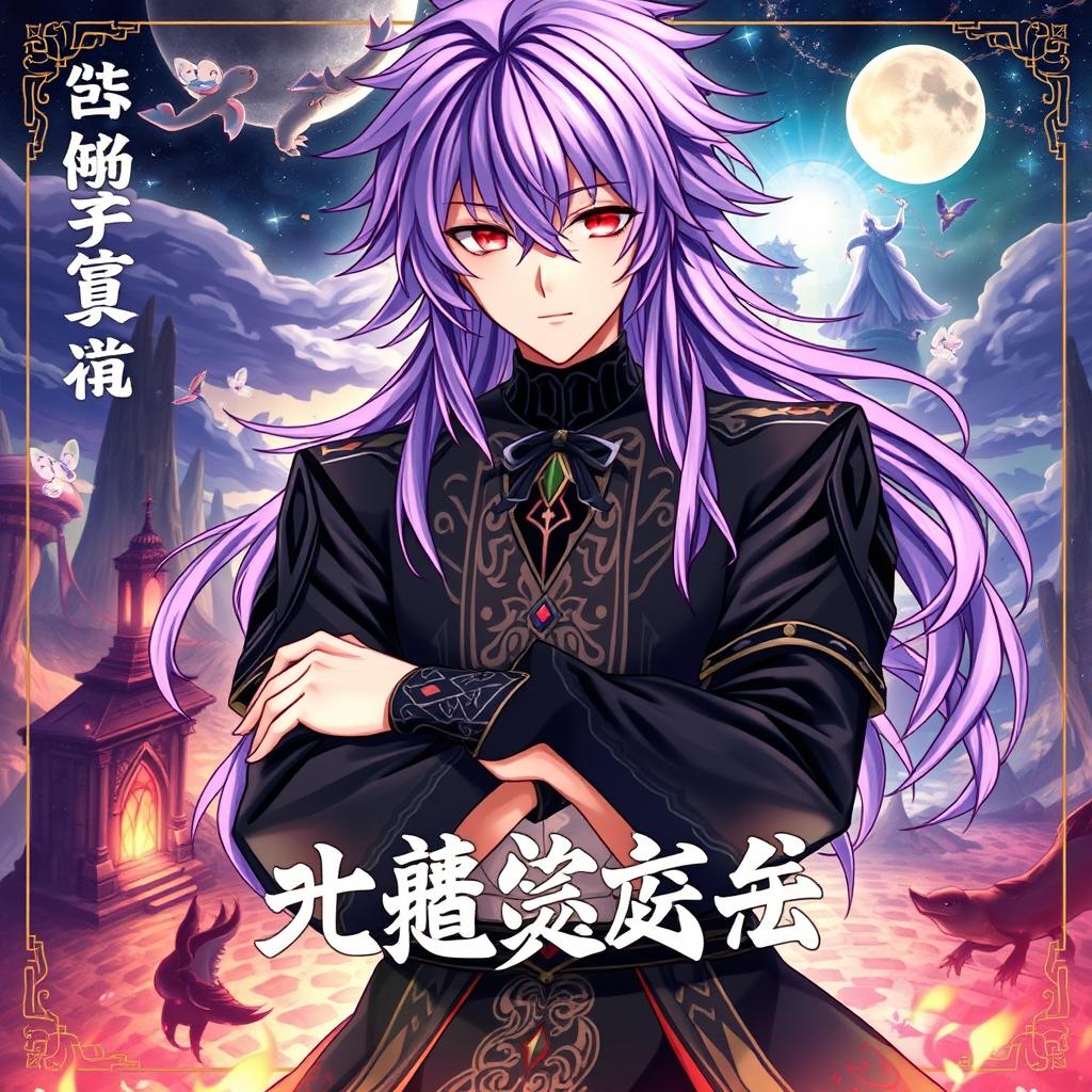 A captivating light novel cover in the Genshin Impact art style, featuring a male character with long, shaggy purple hair and striking red eyes