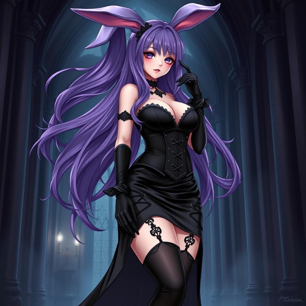 A sexy gothic anime bunny girl with long, flowing purple hair that adds a fantastical element to her appearance