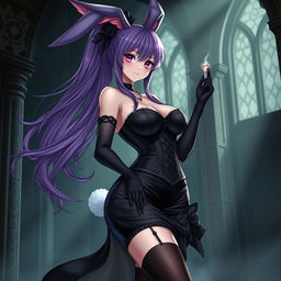 A sexy gothic anime bunny girl with long, flowing purple hair that adds a fantastical element to her appearance