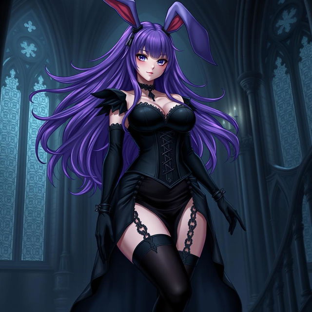 A sexy gothic anime bunny girl with long, flowing purple hair that adds a fantastical element to her appearance