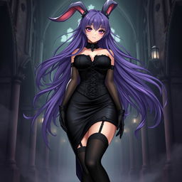 A sexy gothic anime bunny girl with long, flowing purple hair that adds a fantastical element to her appearance