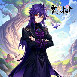 A Genshin Impact inspired light novel cover featuring a male character with long shaggy purple hair and striking red eyes