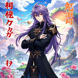 A Genshin Impact inspired light novel cover featuring a male character with long shaggy purple hair and striking red eyes