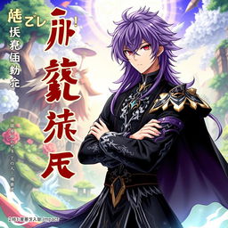 A Genshin Impact inspired light novel cover featuring a male character with long shaggy purple hair and striking red eyes