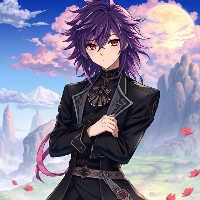 A captivating light novel cover illustration in the art style of Genshin Impact, featuring a male character with long shaggy purple hair and striking red eyes