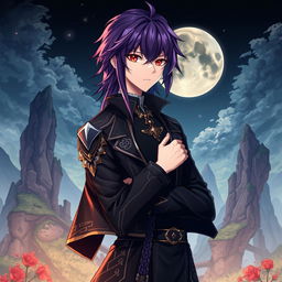 A captivating light novel cover illustration in the art style of Genshin Impact, featuring a male character with long shaggy purple hair and striking red eyes