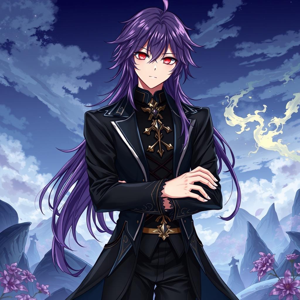 A captivating light novel cover illustration in the art style of Genshin Impact, featuring a male character with long shaggy purple hair and striking red eyes