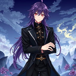 A captivating light novel cover illustration in the art style of Genshin Impact, featuring a male character with long shaggy purple hair and striking red eyes