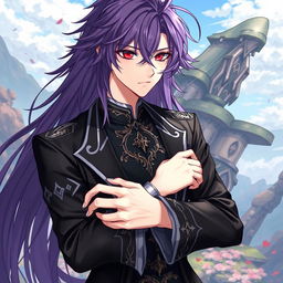 A captivating light novel cover illustration in the art style of Genshin Impact, featuring a male character with long shaggy purple hair and striking red eyes