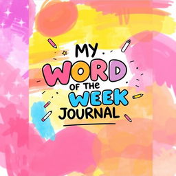 A vibrant and playful journal cover design featuring a colorful background with a blend of purple, pink, yellow, red, and blue colors