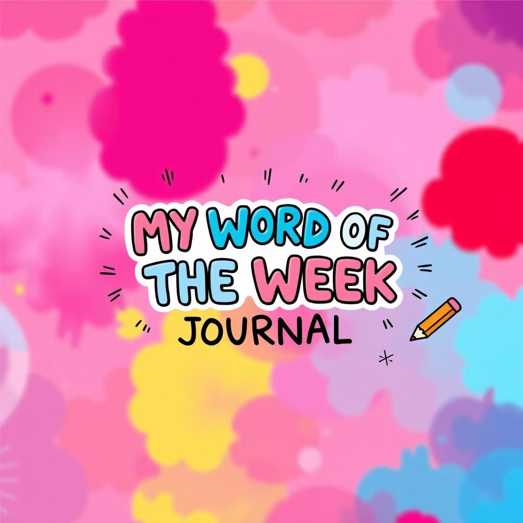 A vibrant and playful journal cover design featuring a colorful background with a blend of purple, pink, yellow, red, and blue colors