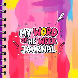 A vibrant and playful journal cover design featuring a colorful background with a blend of purple, pink, yellow, red, and blue colors