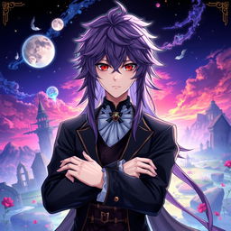 A light novel cover in the Genshin Impact art style featuring a male character with long, shaggy purple hair and striking red eyes