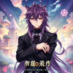 A light novel cover in the Genshin Impact art style featuring a male character with long, shaggy purple hair and striking red eyes