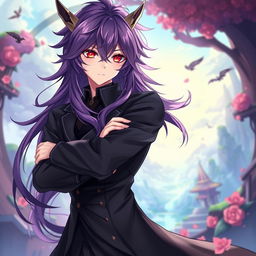 A light novel cover in the Genshin Impact art style featuring a male character with long, shaggy purple hair and striking red eyes