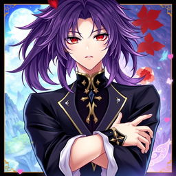 A light novel cover in the Genshin Impact art style featuring a male character with long, shaggy purple hair and striking red eyes