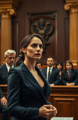 A dramatic courtroom scene depicting the intense atmosphere of a legal battle about abuse of power