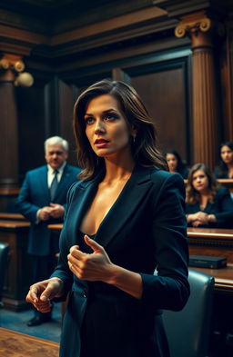 A dramatic courtroom scene depicting the intense atmosphere of a legal battle about abuse of power