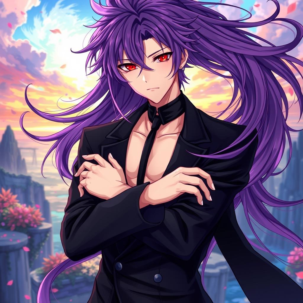 A captivating Genshin Impact-inspired light novel cover featuring a handsome male character with long, shaggy purple hair that flows around him