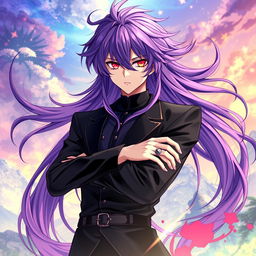A captivating Genshin Impact-inspired light novel cover featuring a handsome male character with long, shaggy purple hair that flows around him